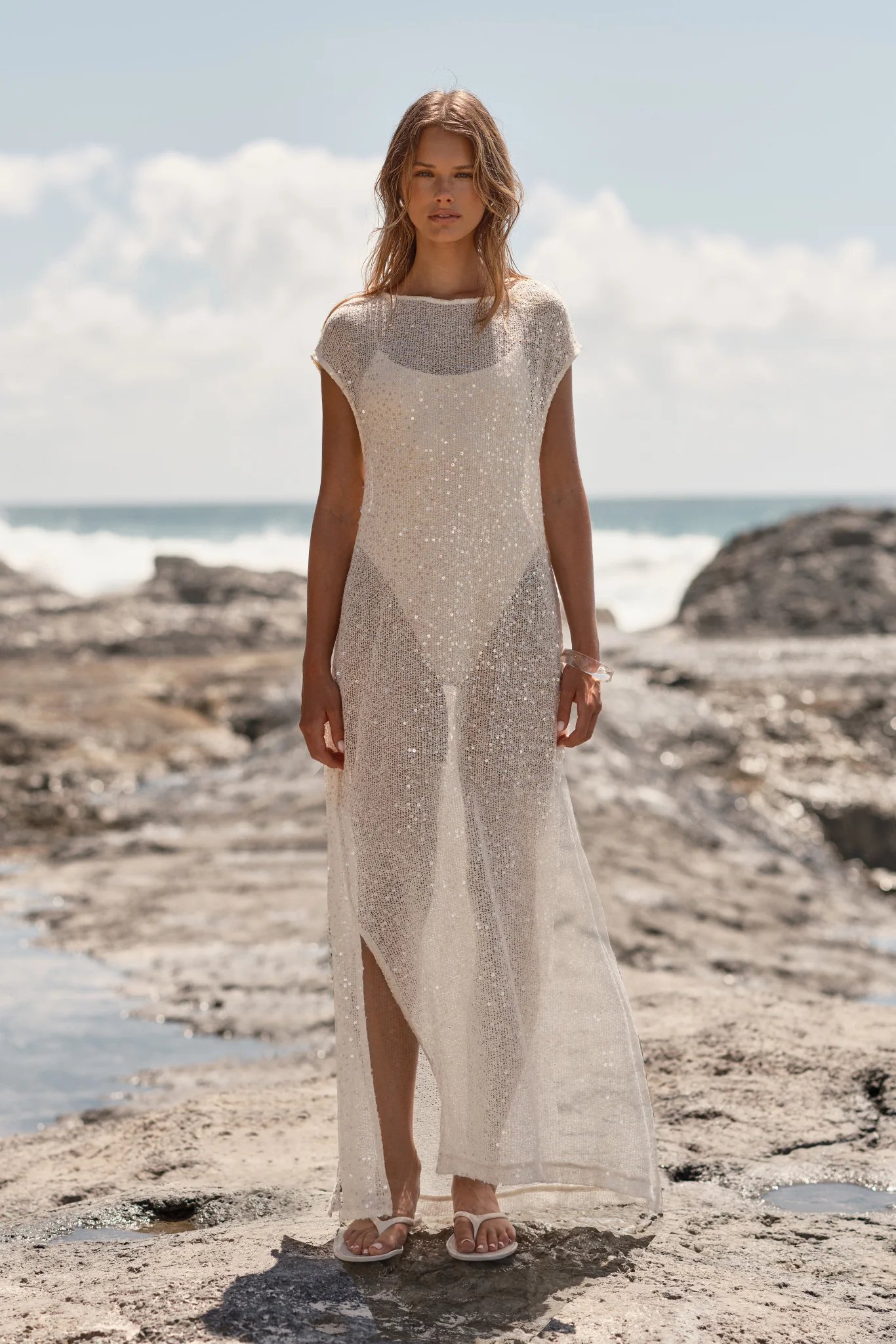 Alba Sequin Knit Midi Dress (Cream) - Image 3