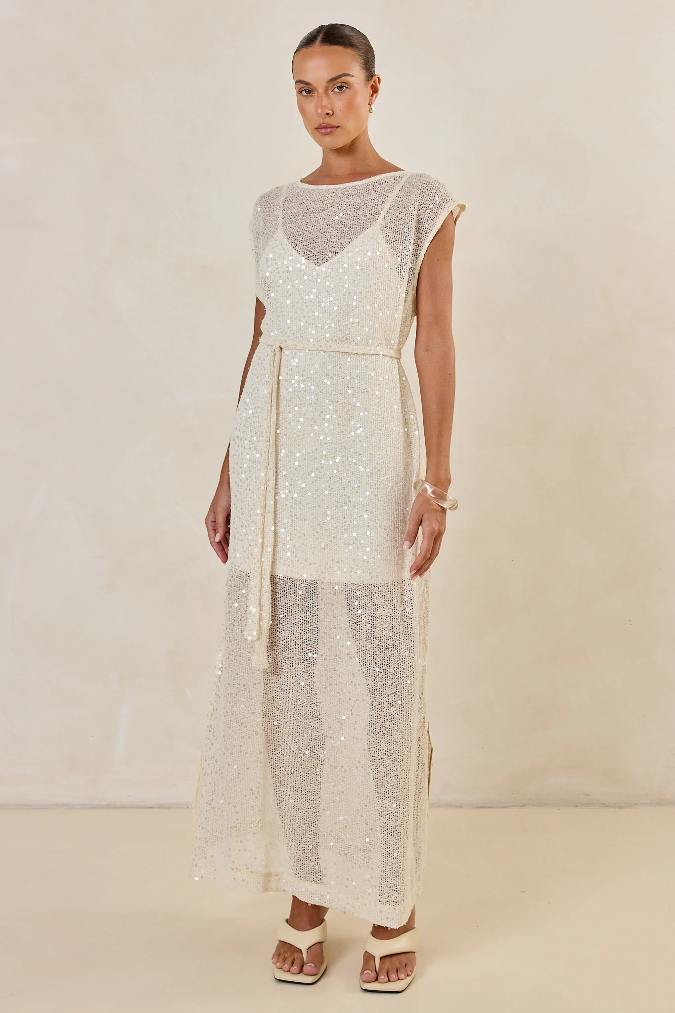 Alba Sequin Knit Midi Dress (Cream) - Image 6