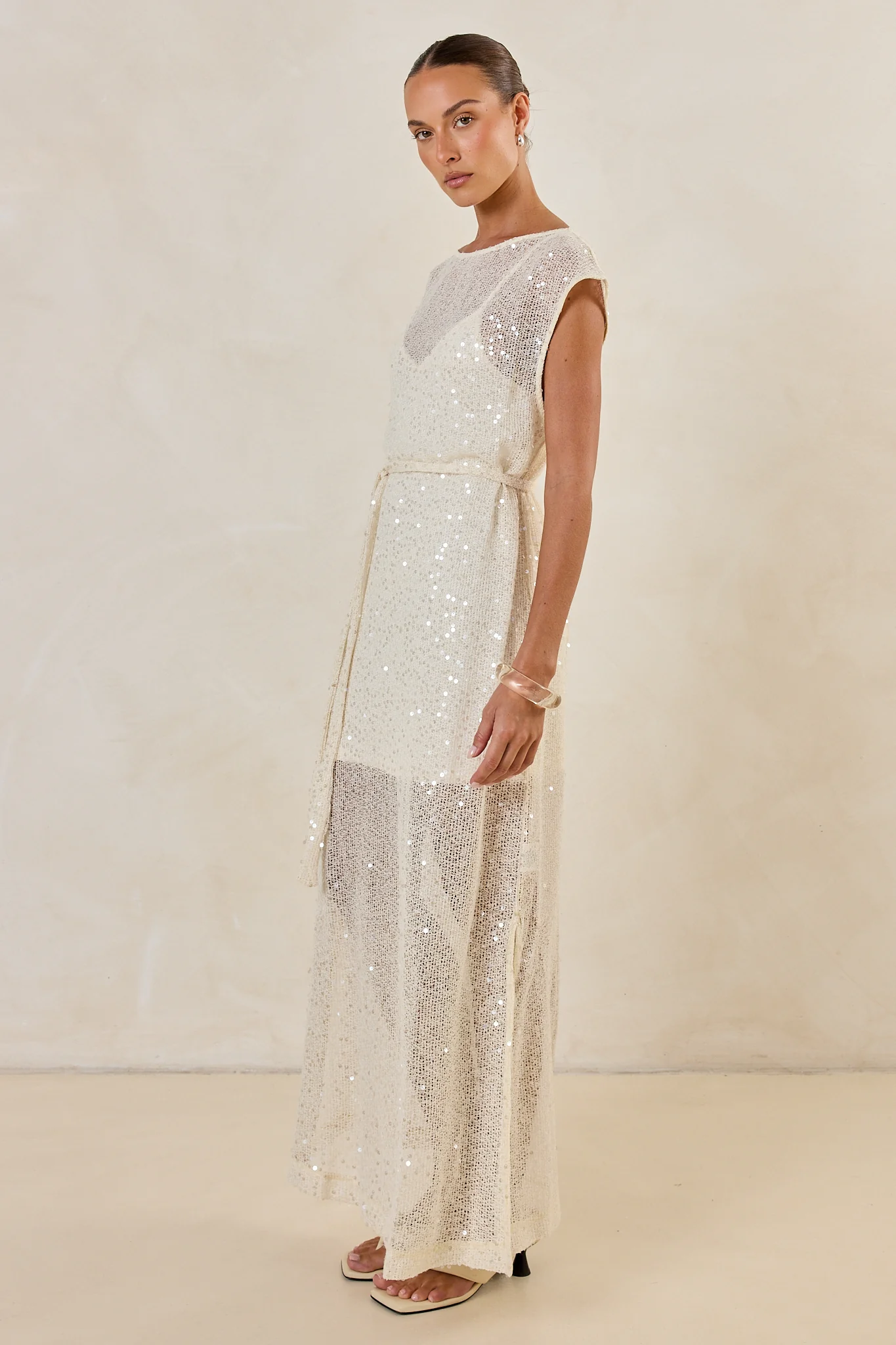 Alba Sequin Knit Midi Dress (Cream) - Image 8