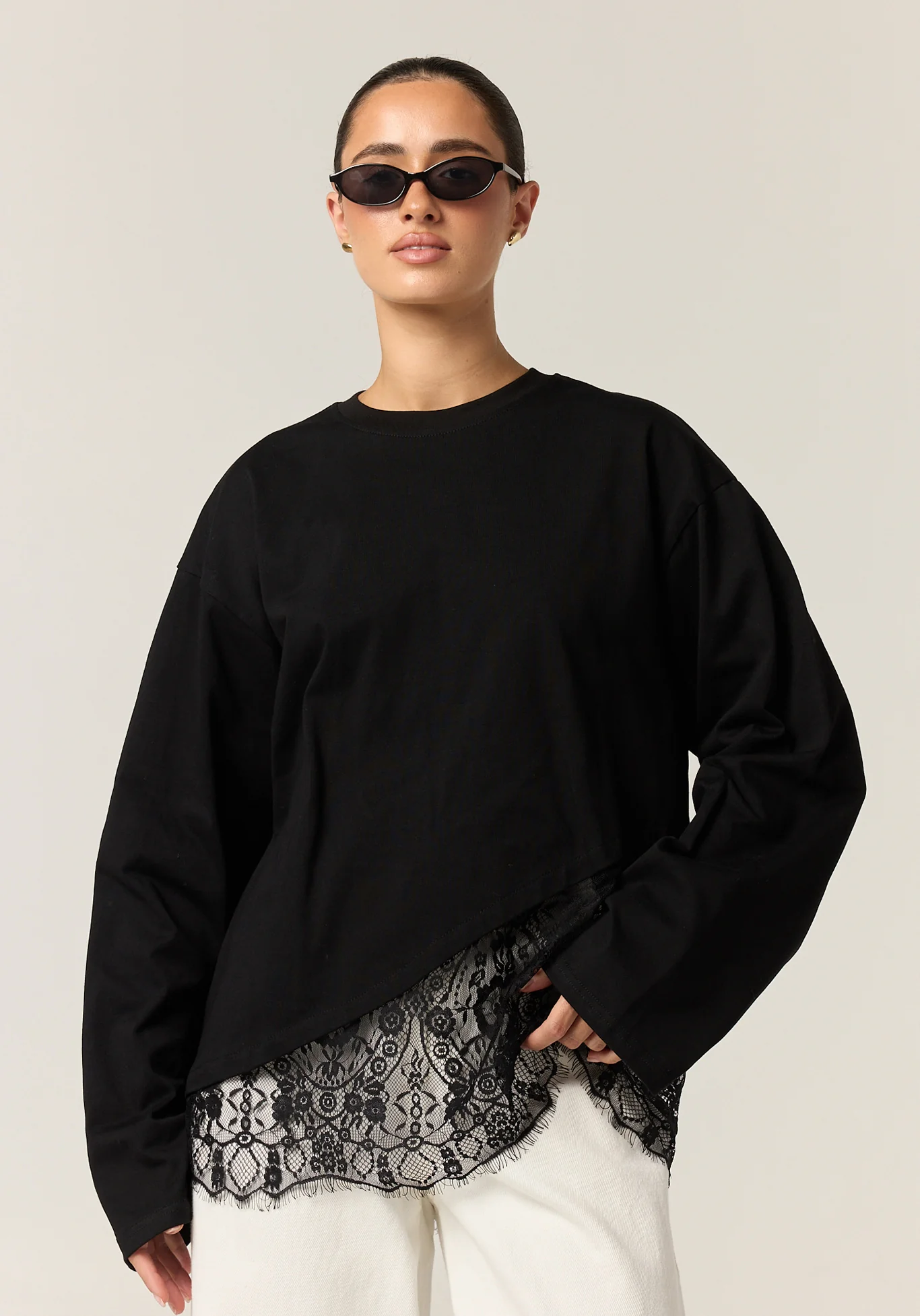 Cleo Lace Long Sleeve Tee (Black) - Image 3