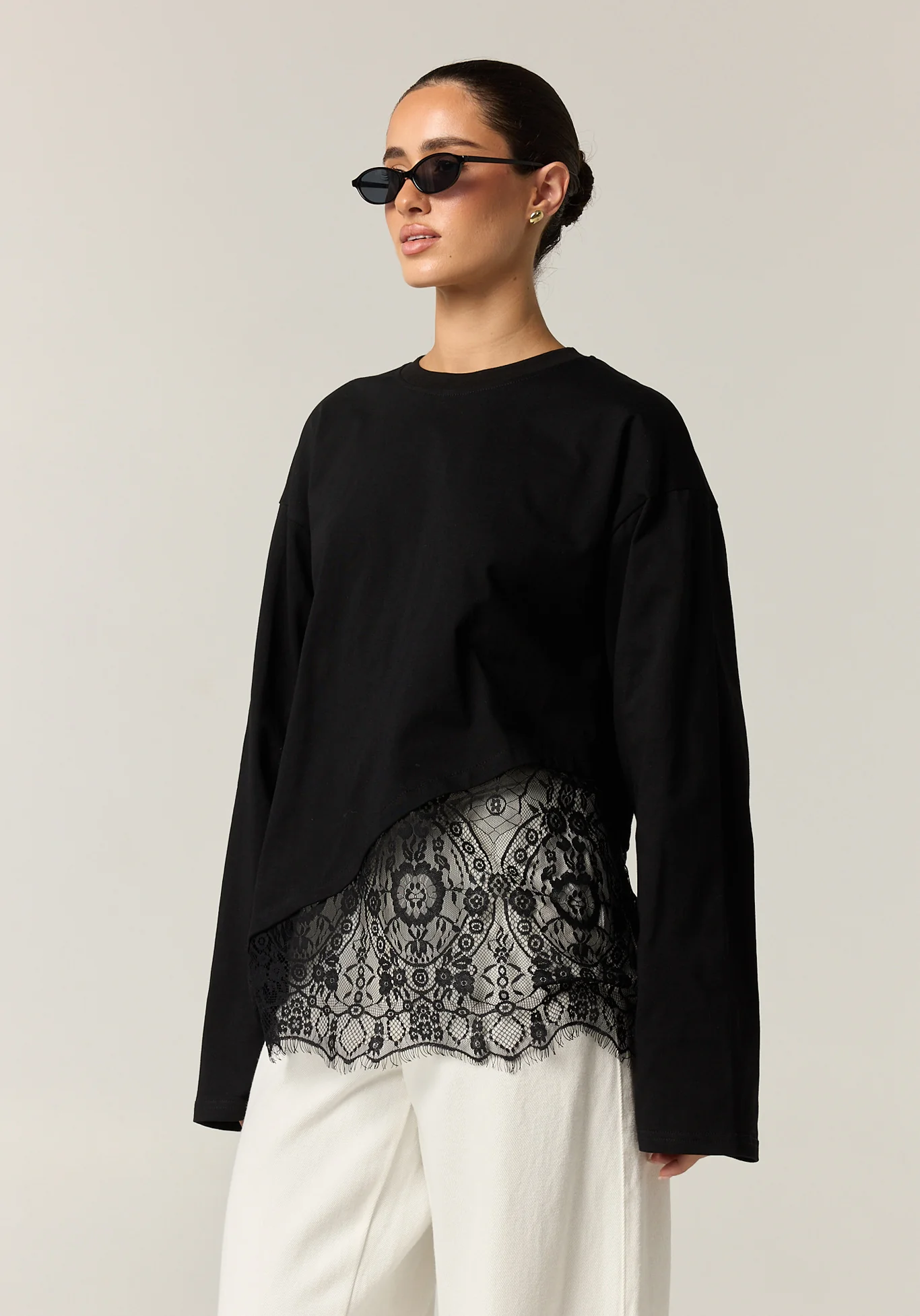 Cleo Lace Long Sleeve Tee (Black) - Image 5