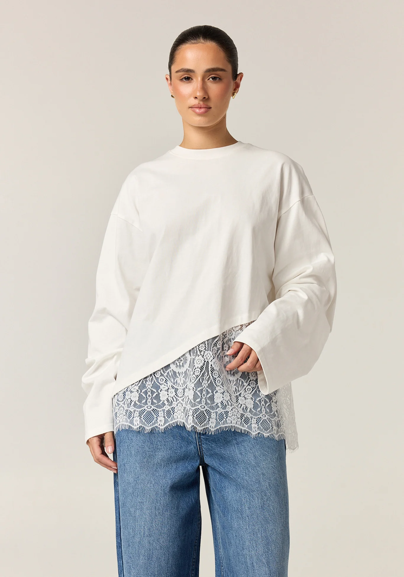 Cleo Lace Long Sleeve Tee (White) - Image 3