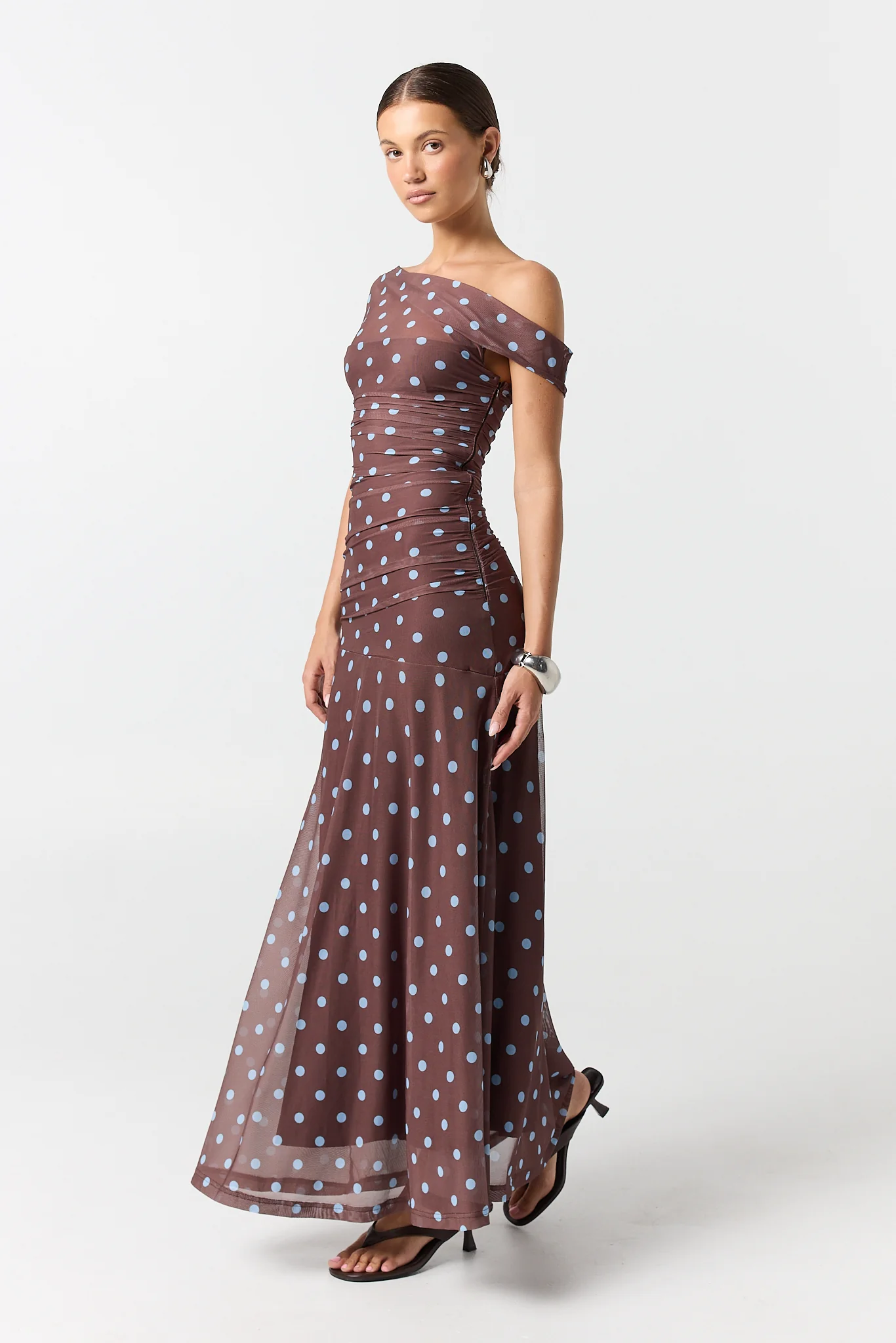 Leila Maxi Dress (Chocolate/Blue Polka) - Image 3