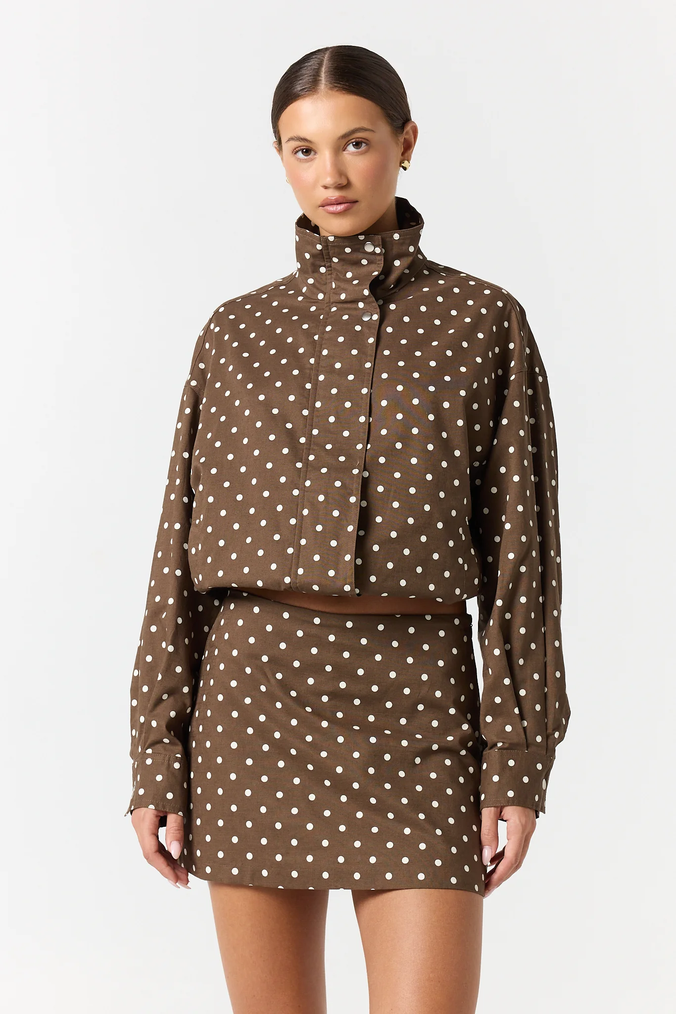 Lennox Funnel Bomber Jacket (Chocolate Polka)