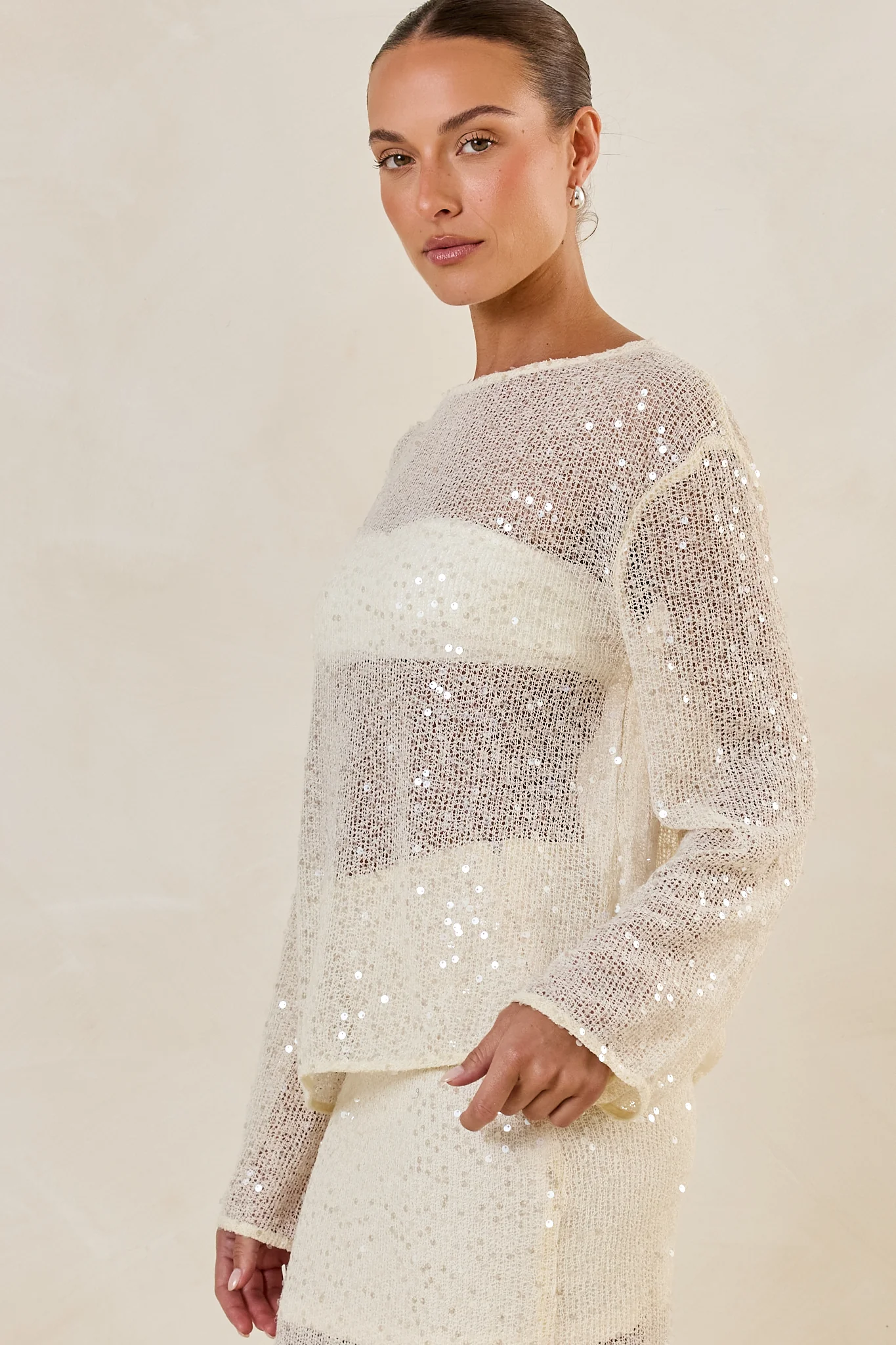 Liana Sequin Knit Long Sleeve Top (Cream) - Image 10