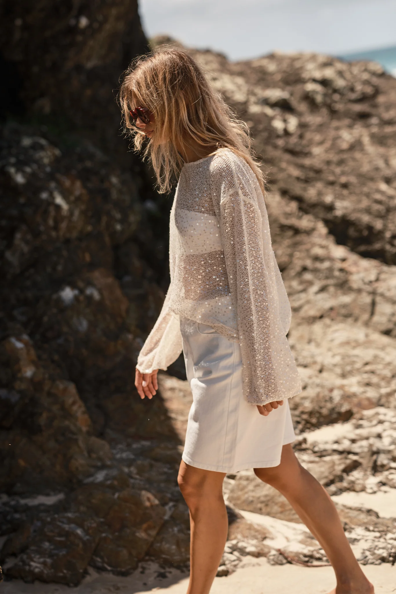 Liana Sequin Knit Long Sleeve Top (Cream) - Image 5