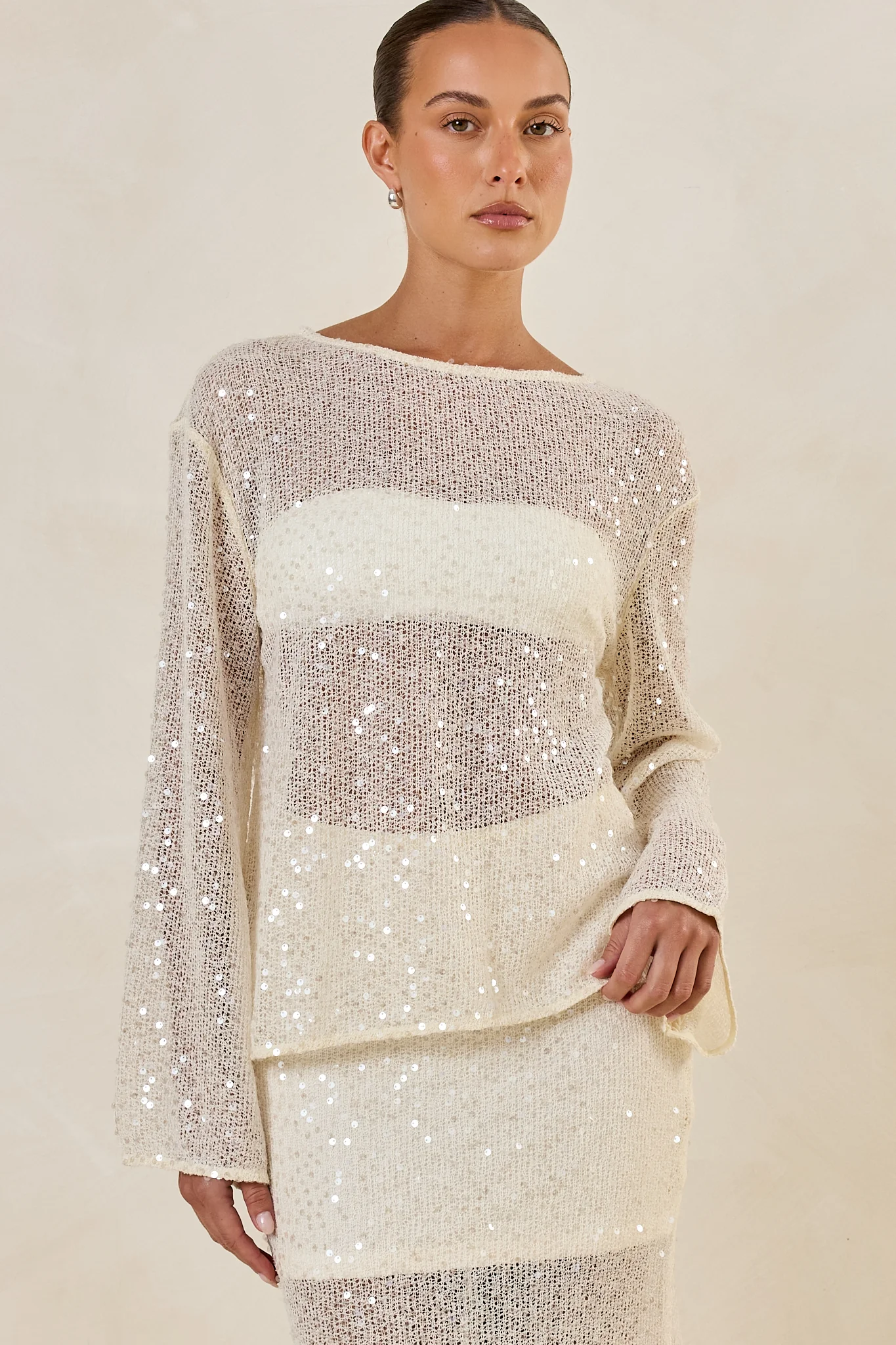 Liana Sequin Knit Long Sleeve Top (Cream) - Image 6
