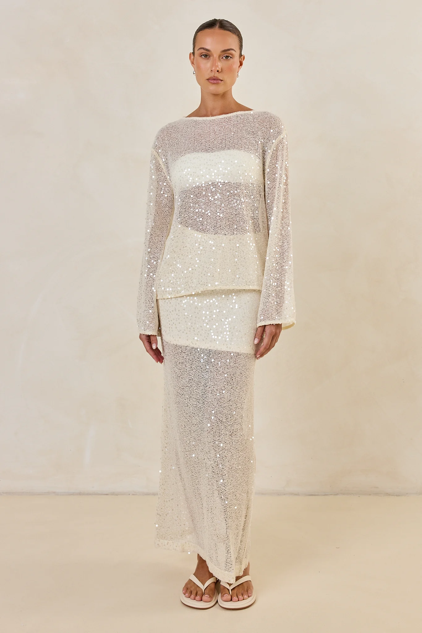 Liana Sequin Knit Long Sleeve Top (Cream) - Image 8