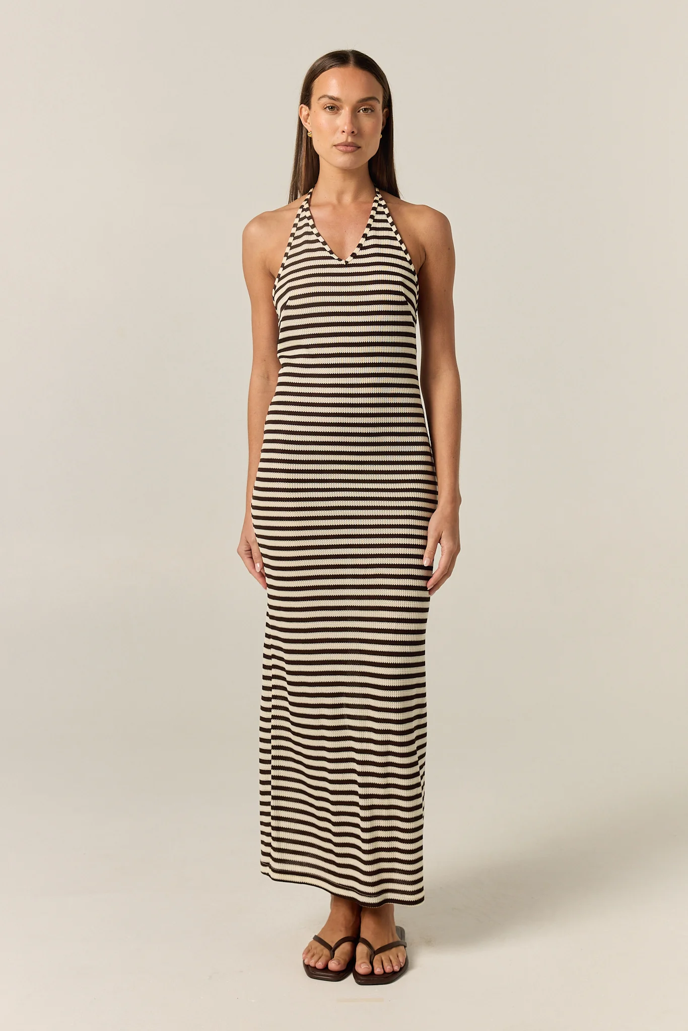 Luca Knit Midi Dress (Choc/Beige Stripe) - Image 3