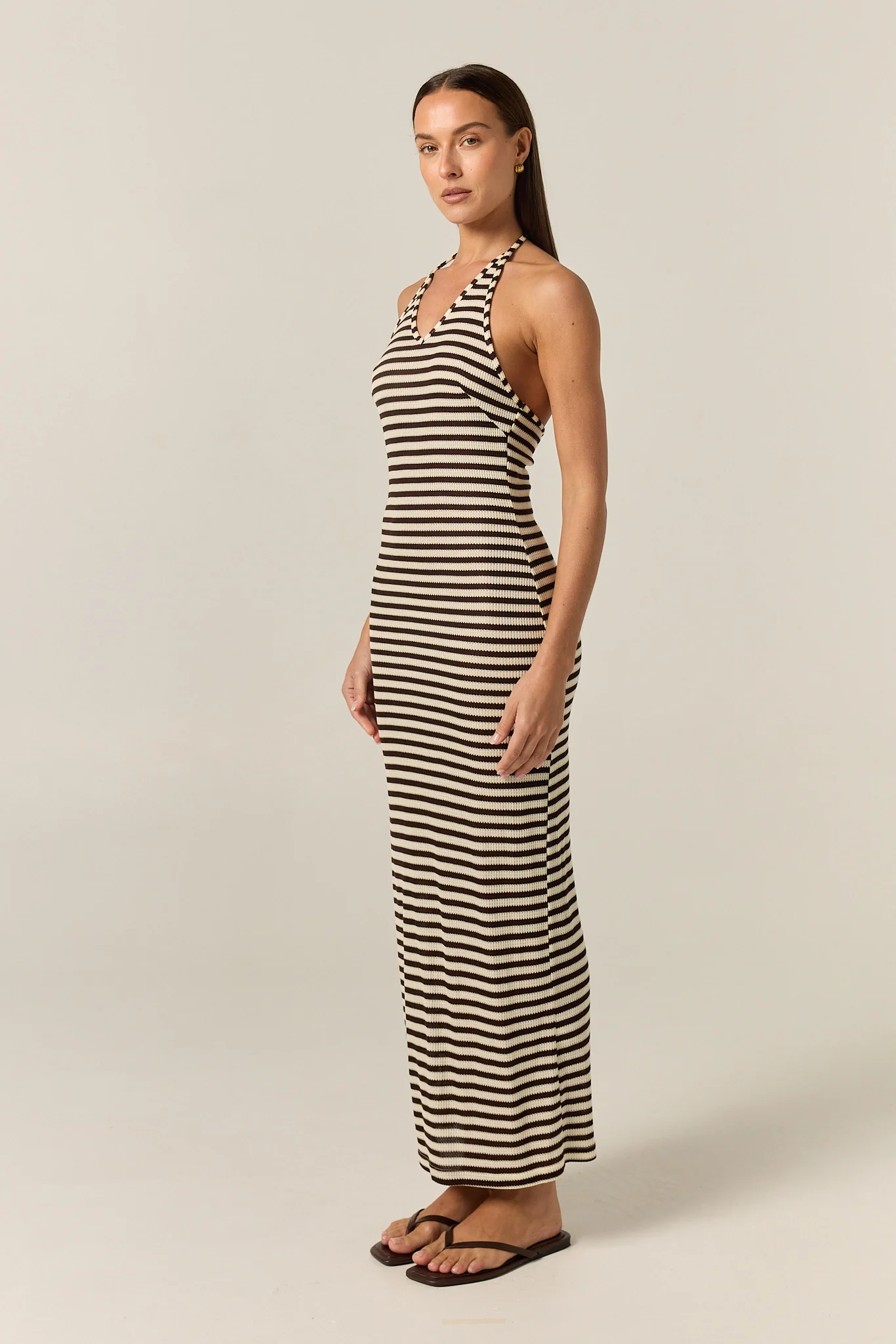 Luca Knit Midi Dress (Choc/Beige Stripe) - Image 6