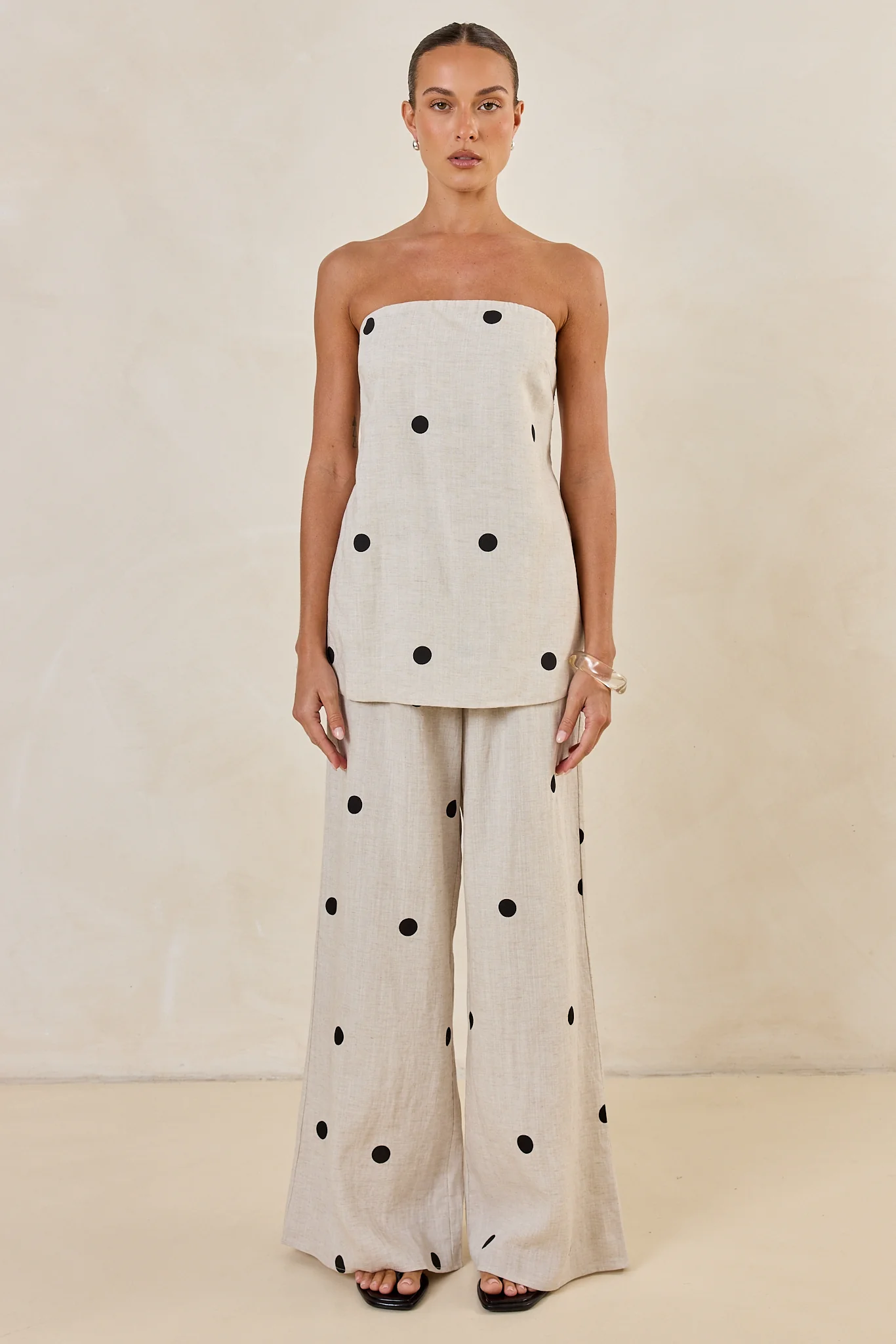 Maxine Strapless Top (Beige/Black Polka)