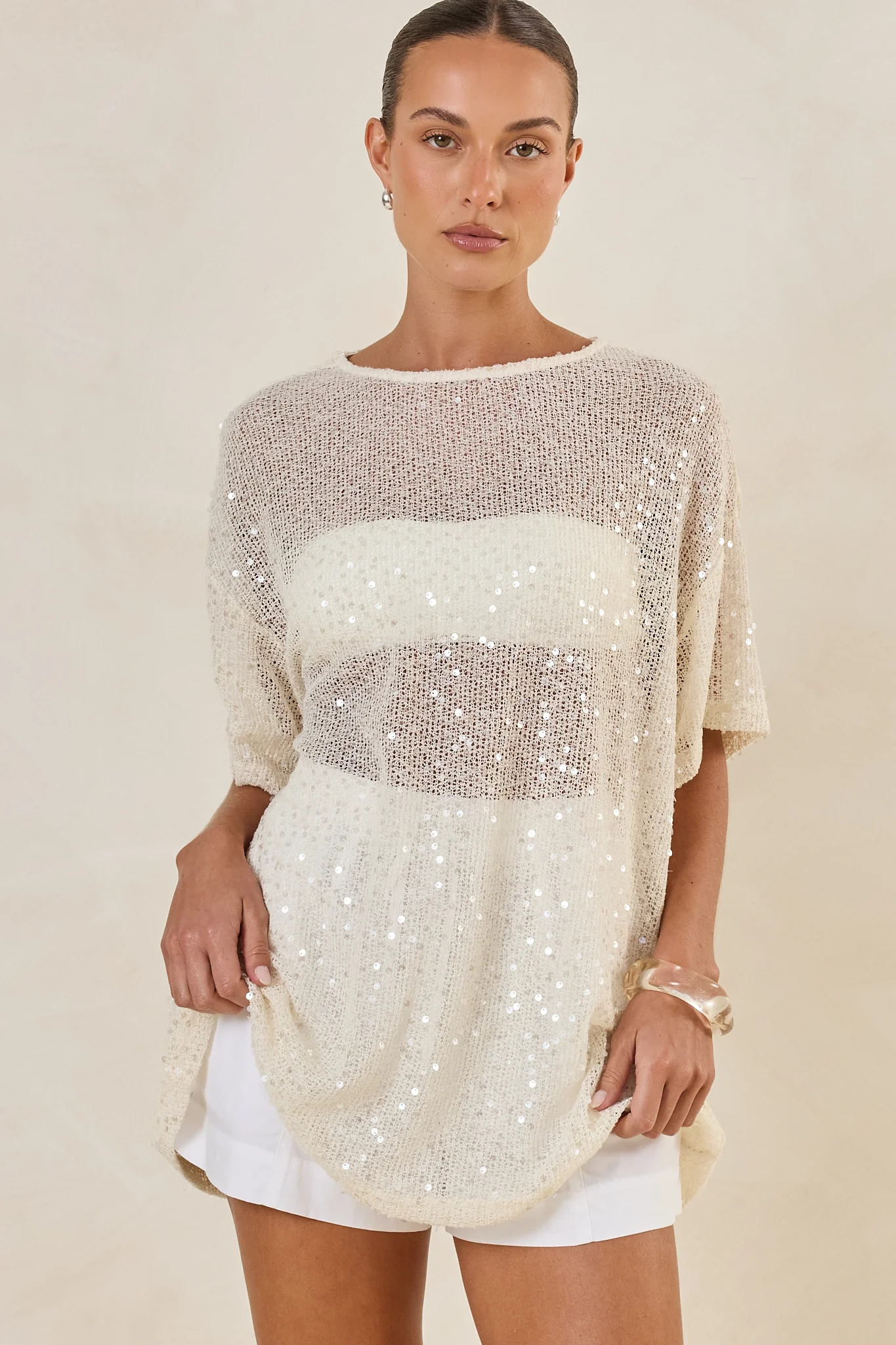 Micah Sequin Knit Tee (Cream) - Image 3