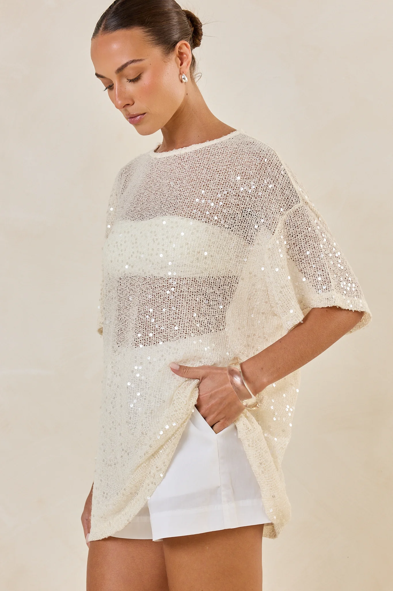 Micah Sequin Knit Tee (Cream) - Image 6