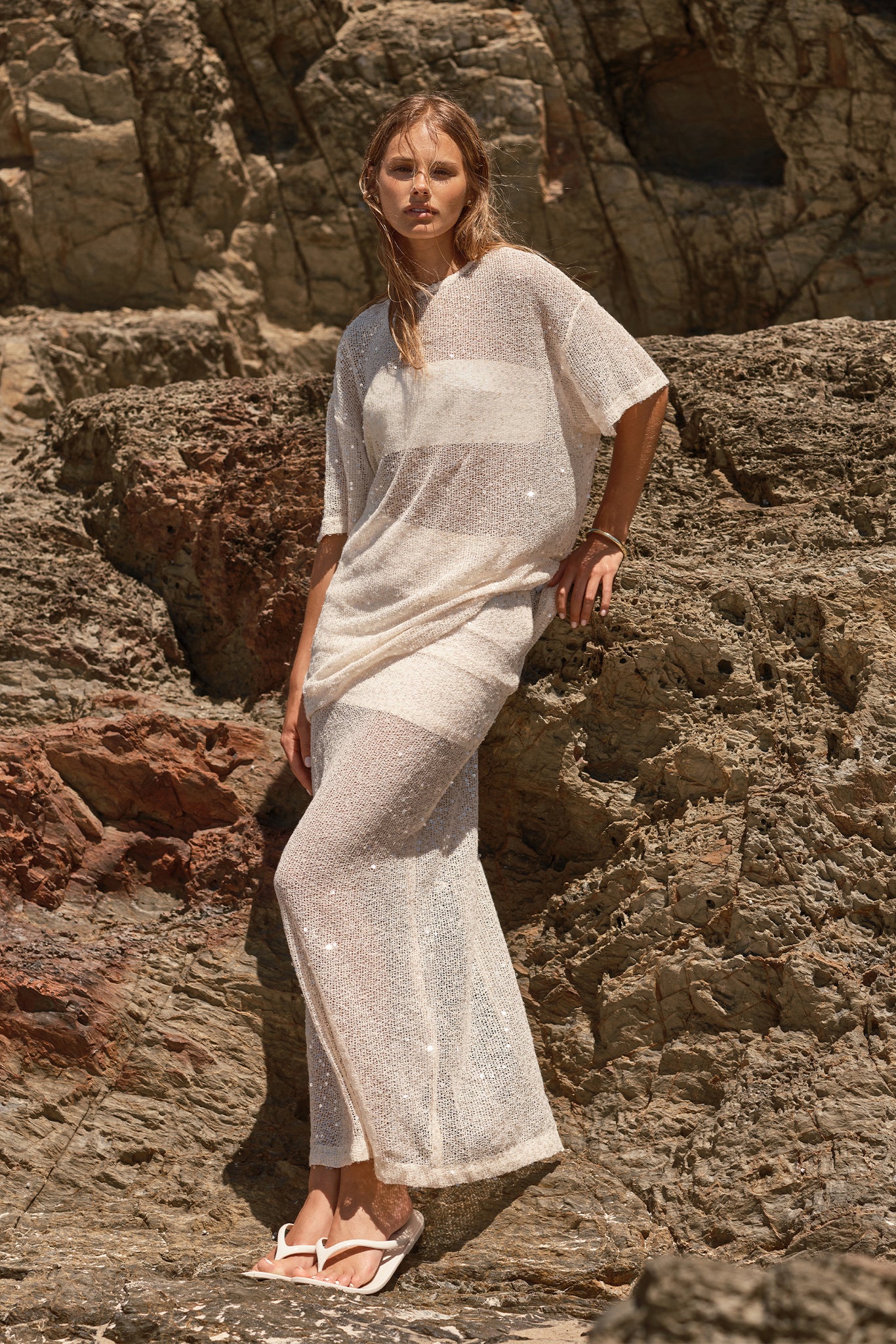 Nala Sequin Knit Midi Skirt (Cream) - Image 3