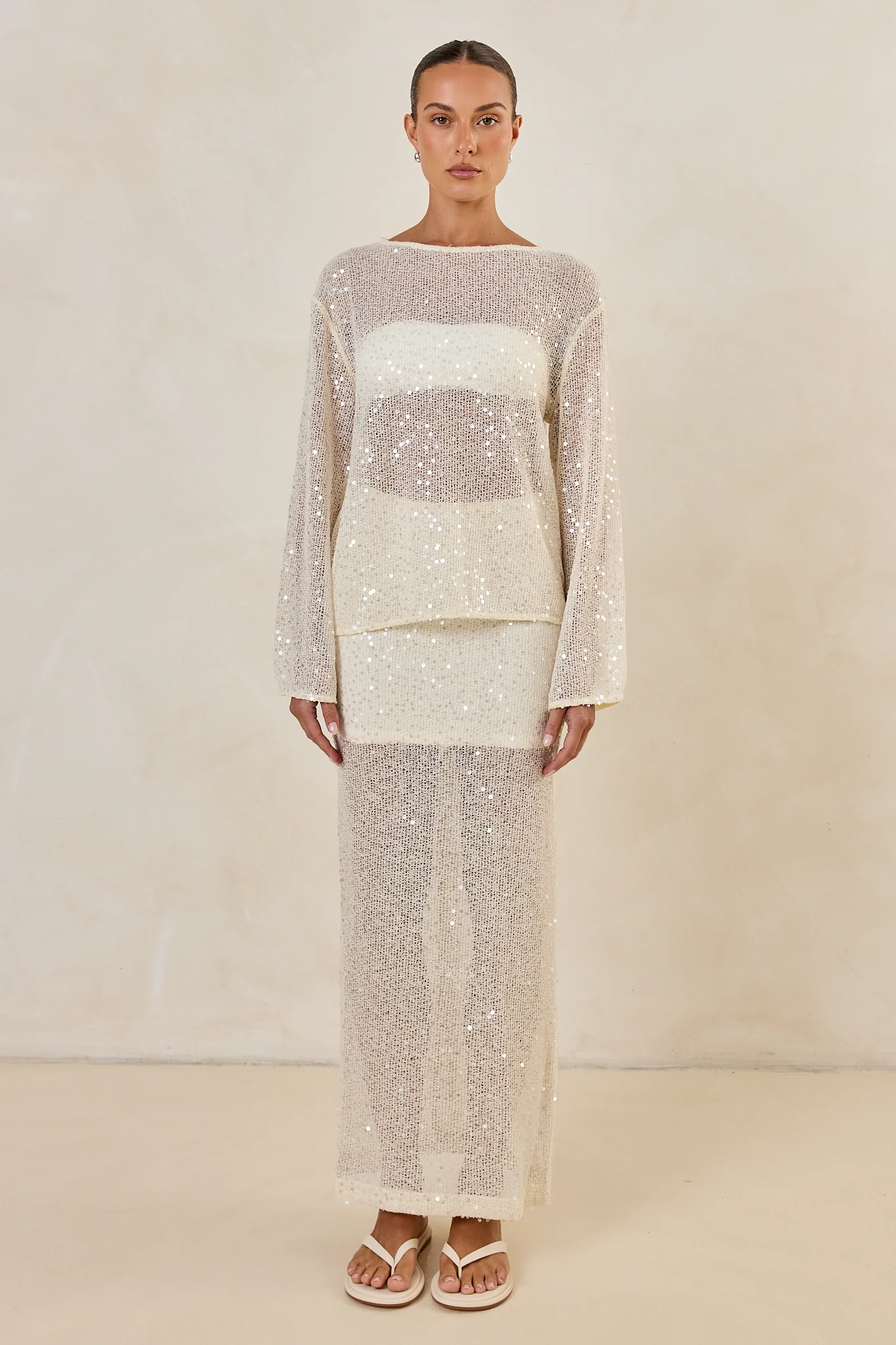Nala Sequin Knit Midi Skirt (Cream) - Image 4