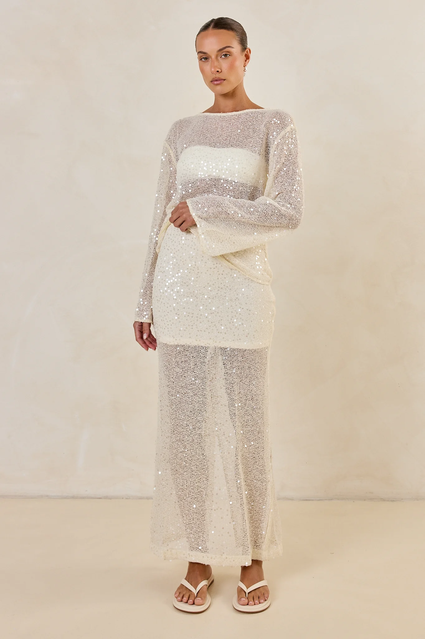 Nala Sequin Knit Midi Skirt (Cream) - Image 6