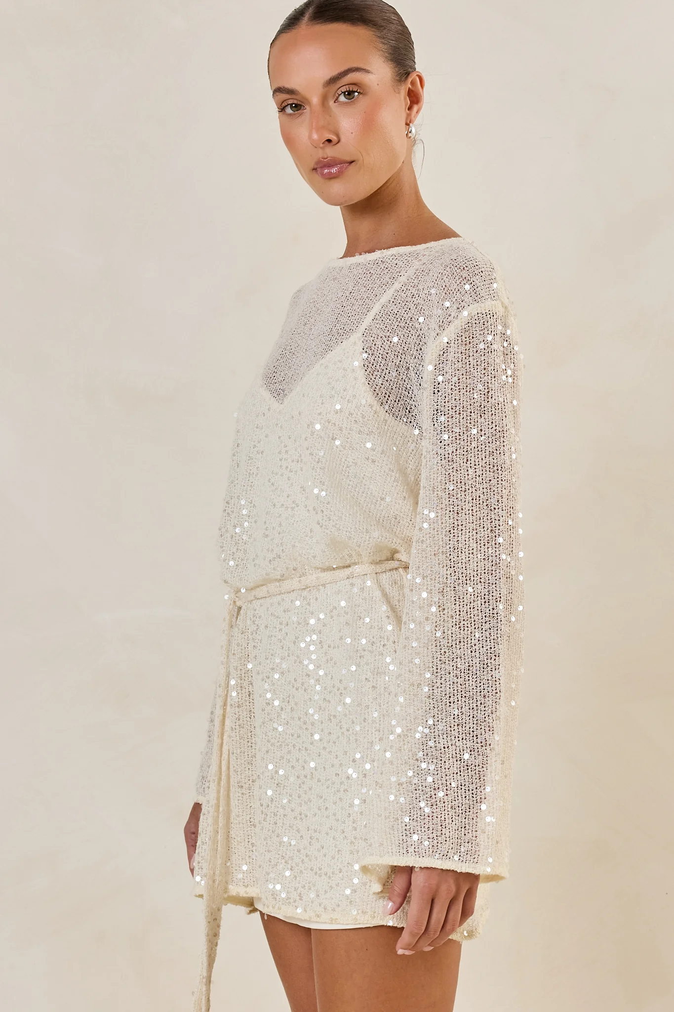 Romi Sequin Knit Mini Dress (Cream) - Image 10