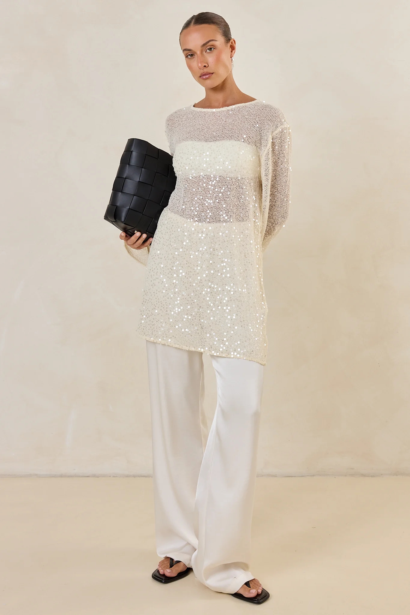 Romi Sequin Knit Mini Dress (Cream) - Image 3