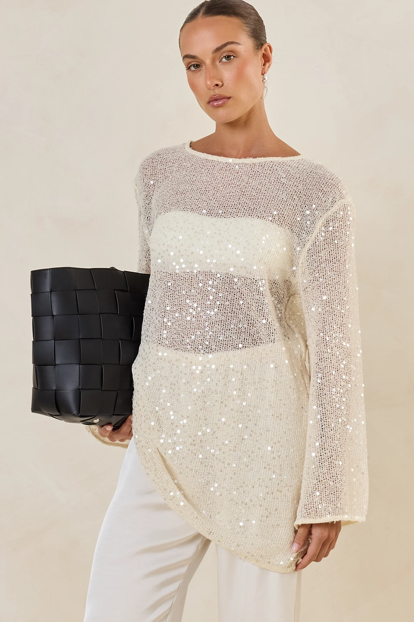 Romi Sequin Knit Mini Dress (Cream) - Image 4