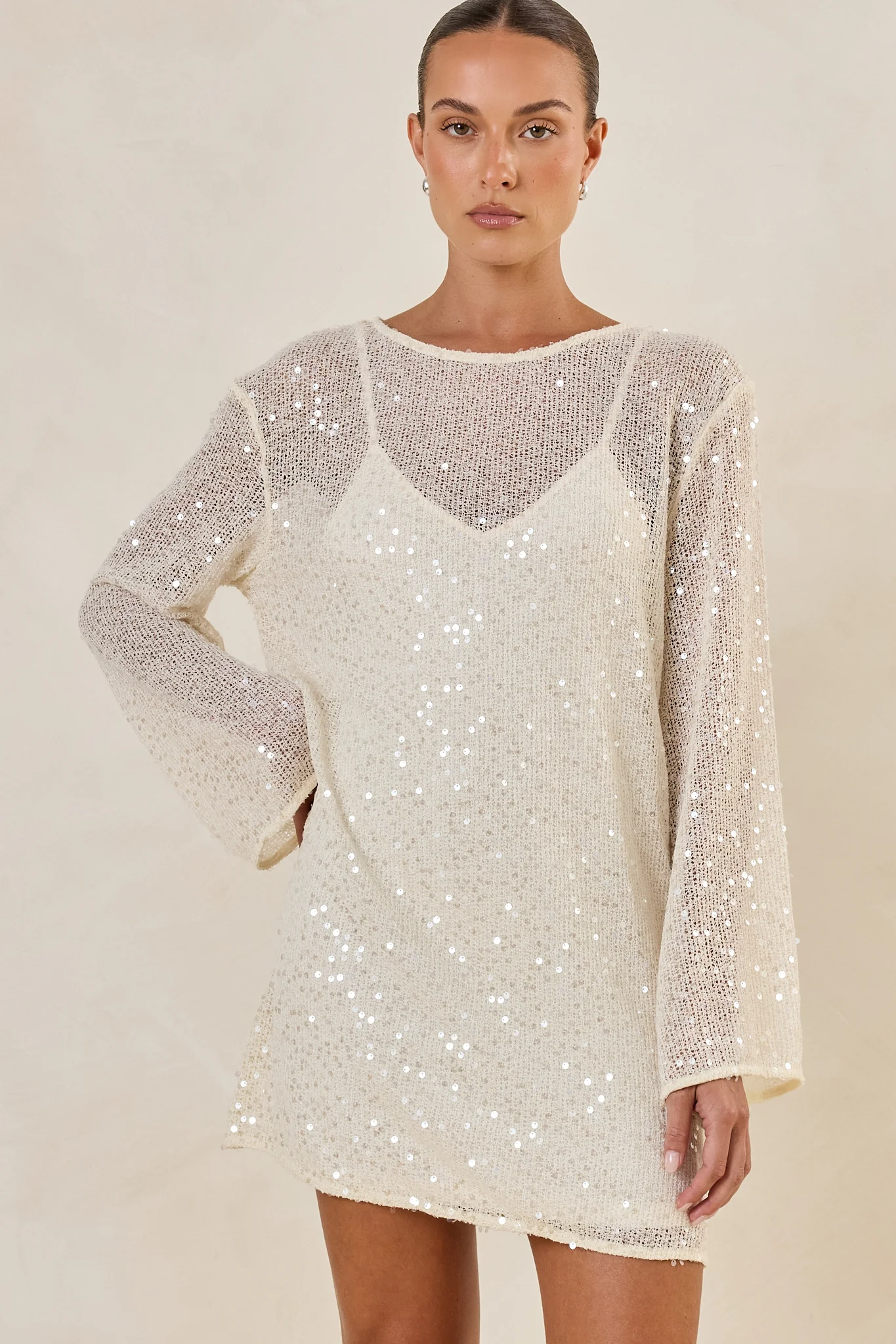 Romi Sequin Knit Mini Dress (Cream) - Image 5