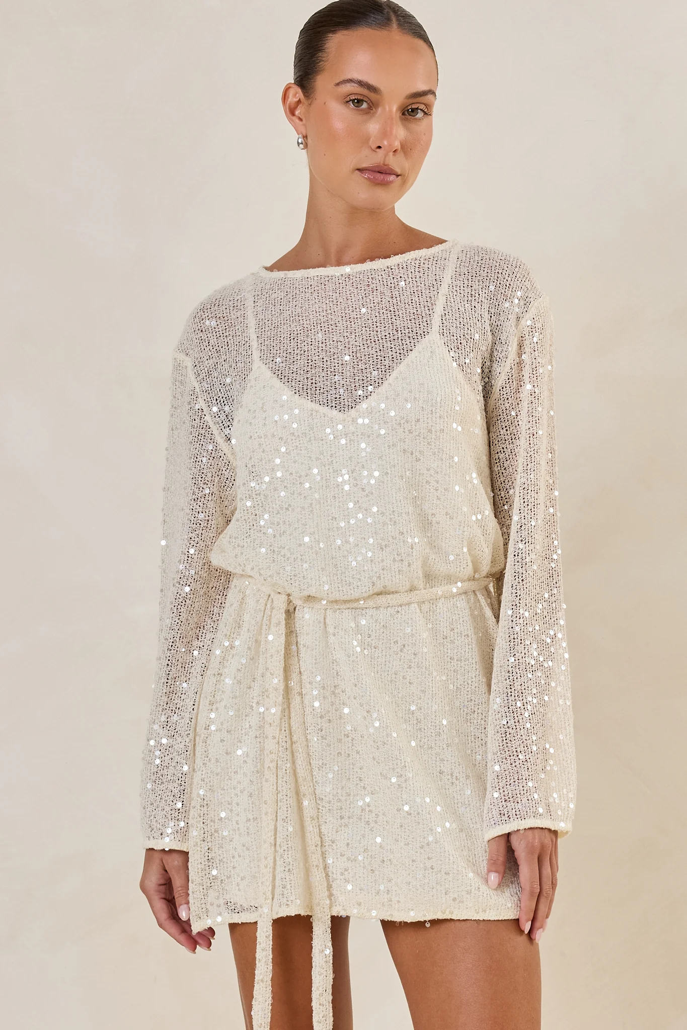 Romi Sequin Knit Mini Dress (Cream) - Image 9
